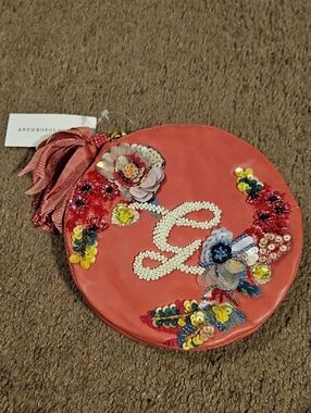 Anthropologie Leather Coral/Pink Floral Beaded Round Pouch